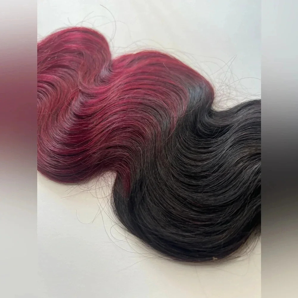 18 In Clip in Human Hair Extensions Clip in Human Hair Ombre Black to Wine Red - Picture 3 of 5